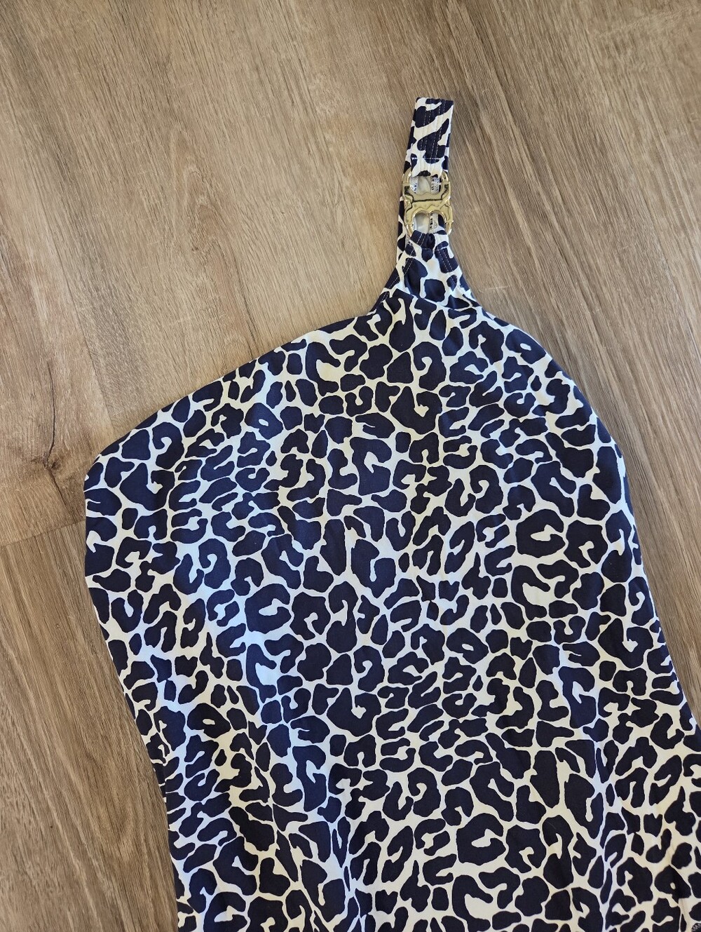 Tory Burch Clouded Leopard Navy Blue One Shoulder One Piece Swimsuit Size Large - Picture 3 of 9